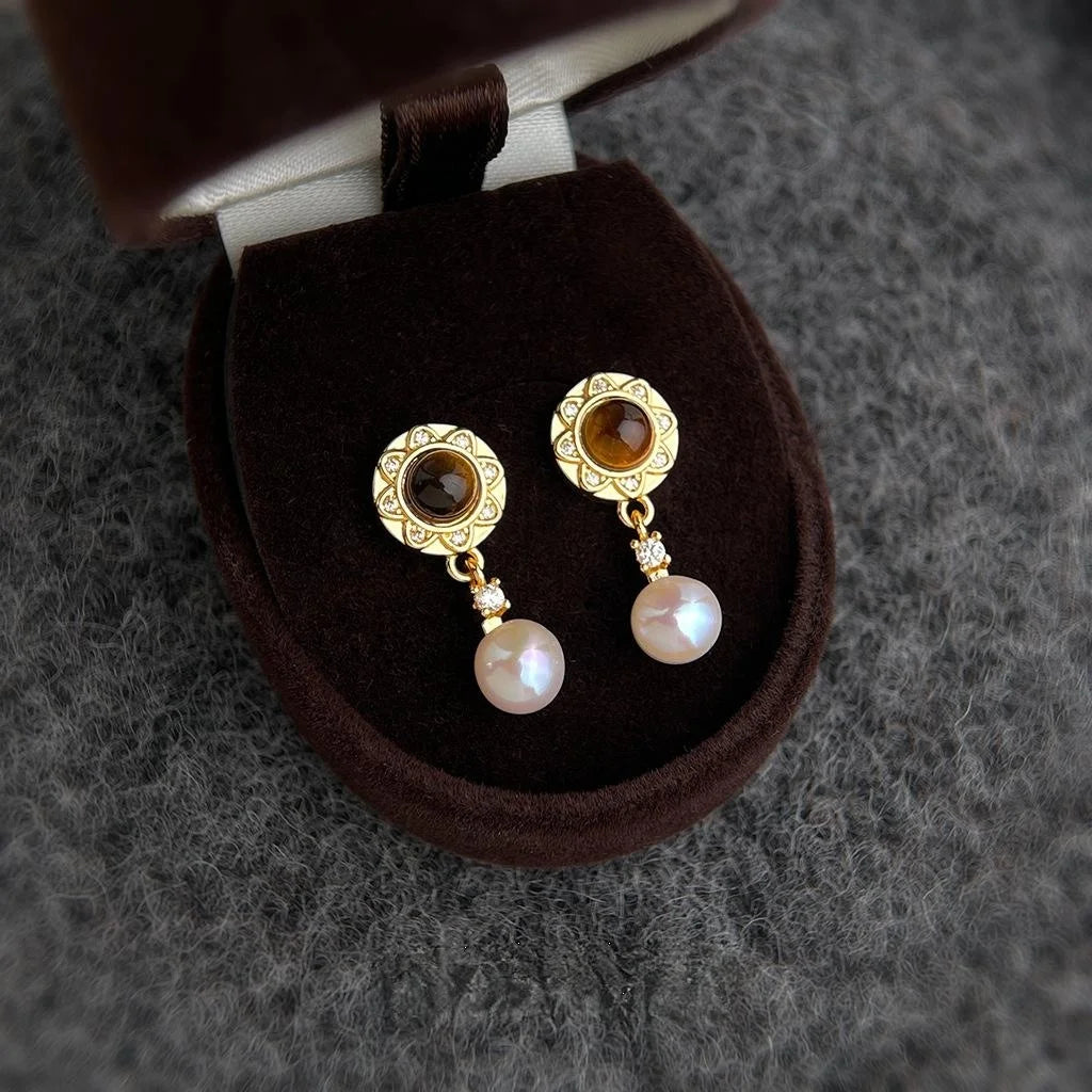 French Vintage Freshwater Pearl Tiger Eye Round Zircon Copper Drop Earrings