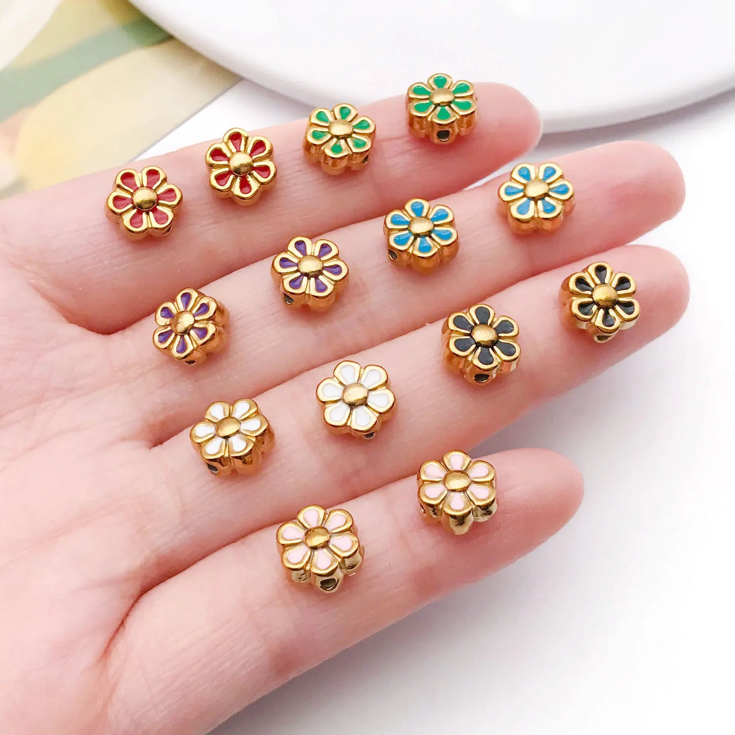 Enamel Stainless Steel Daisy Flower Double Sided Beads with Hole for DIY Bracelet Jewelry