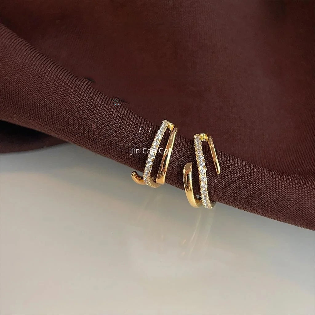 Light Luxury Copper Micro Pave Zircon Double Layer C-Shaped Hoop Earrings For Women