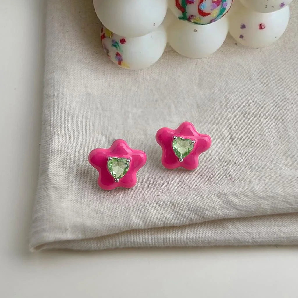 Sweet Cool Candy Color Liquid Flower Stud Earrings Copper Micro Pave Zircon Floral Jewelry