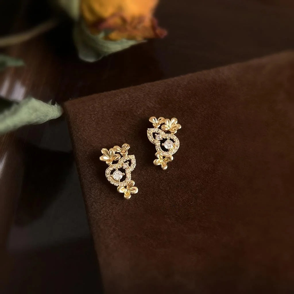 Old Money Gold Plated Copper Osmanthus Flower Gourd Zircon Stud Earrings
