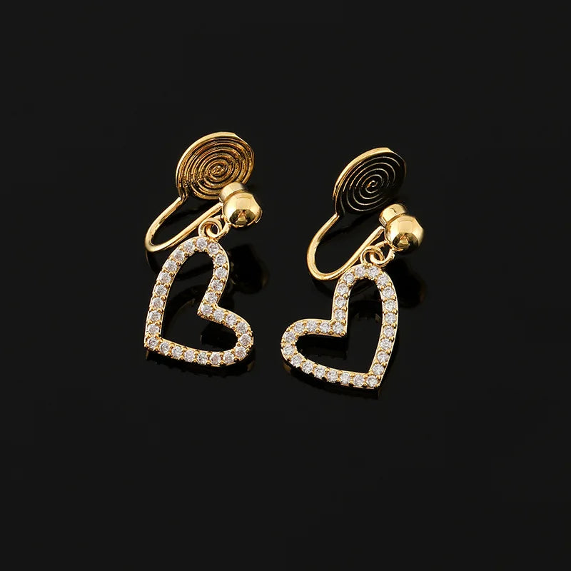 Elegant Zircon Paved Gold Heart Drop Stud & Clip On No Piercing Sweet Alloy Dangle Earrings