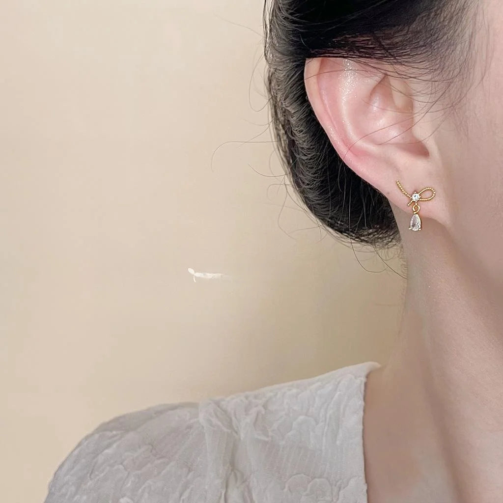 14K Plated Copper Bow Knot Waterdrop Micro Pave Zircon Stud Earrings