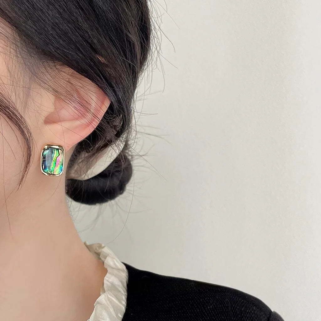 French Vintage 14K Gold Plated Copper Abalone Shell Rectangle Geometric Stud Earrings