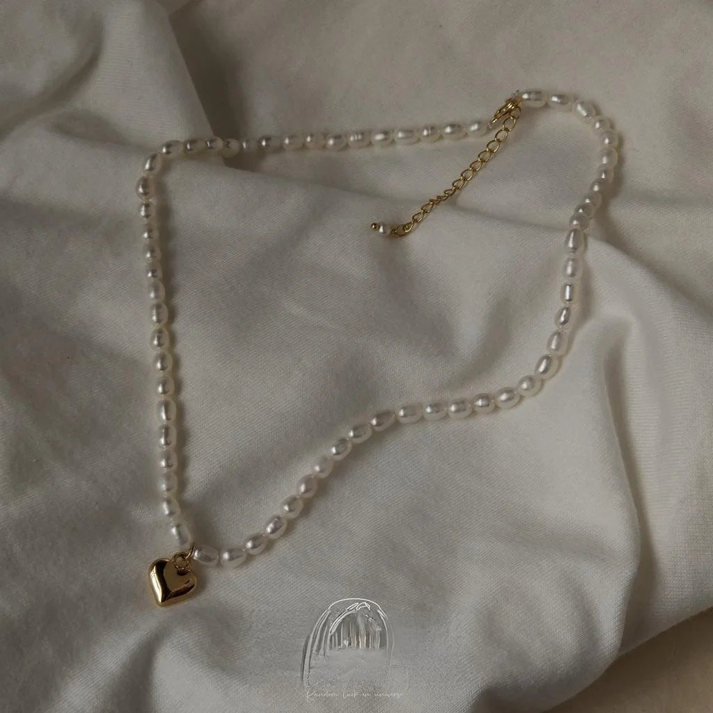 14K Gold Plated Natural Freshwater Pearl Heart Pendant Necklace Japanese Korean Elegant Clavicle Chain