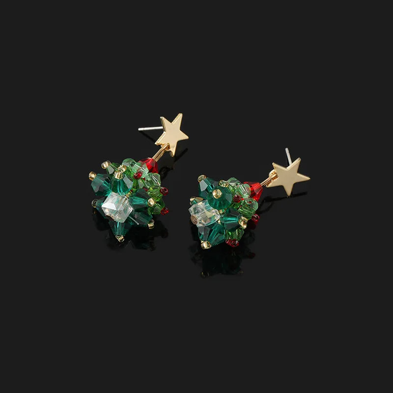 Elegant 3D Christmas Tree Star Crystal Bead Alloy Stud & Clip On No Piercing Holiday Drop Earrings