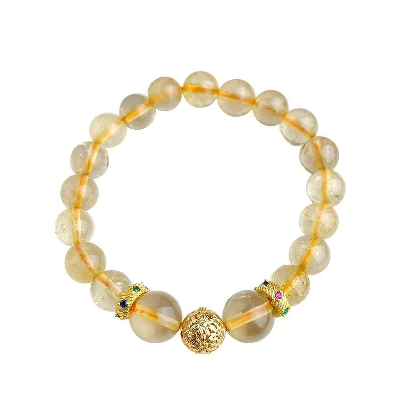 Golden Rutilated Quartz Natural Stone Geometric Round Bead New Chinese Vintage Handmade Bracelet