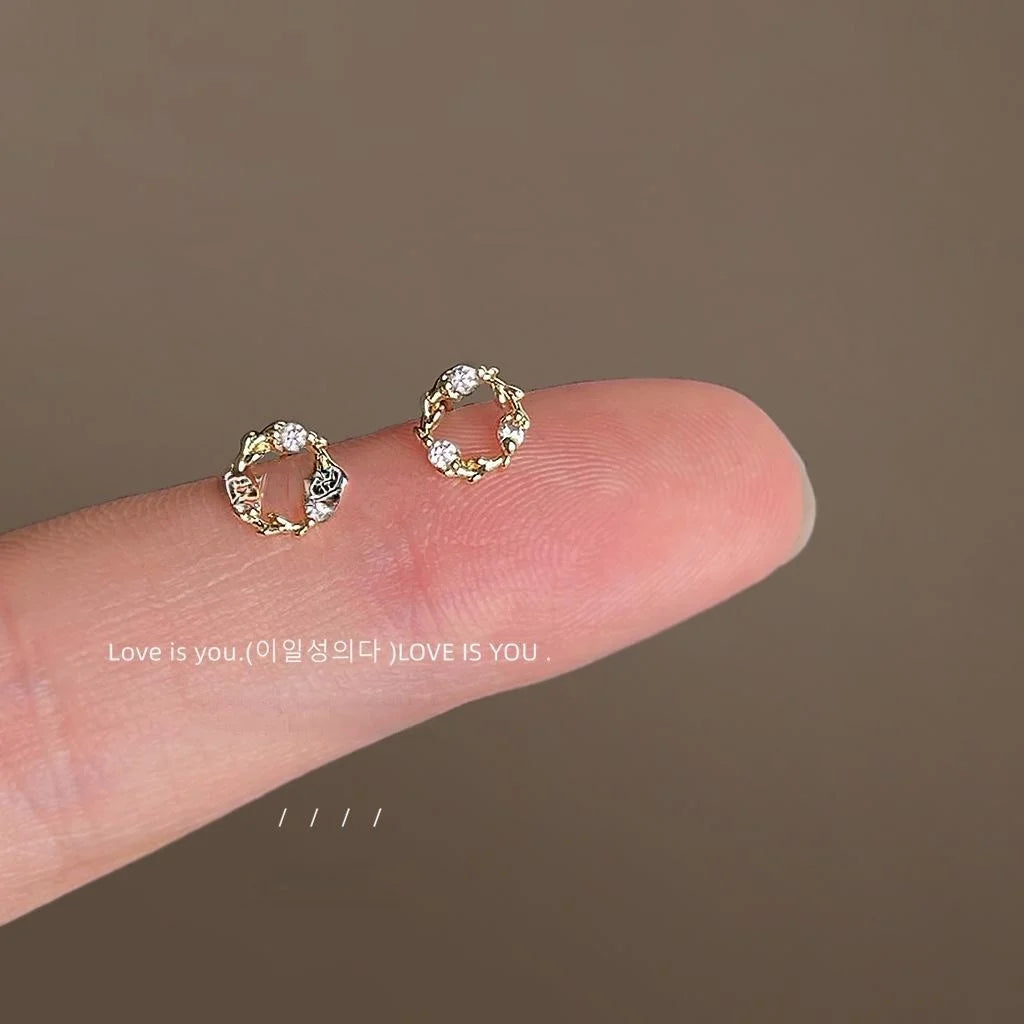14K Plated Copper Micro Pave Zircon Mini Circle Wreath Stud Earrings Korean Minimalist Jewelry