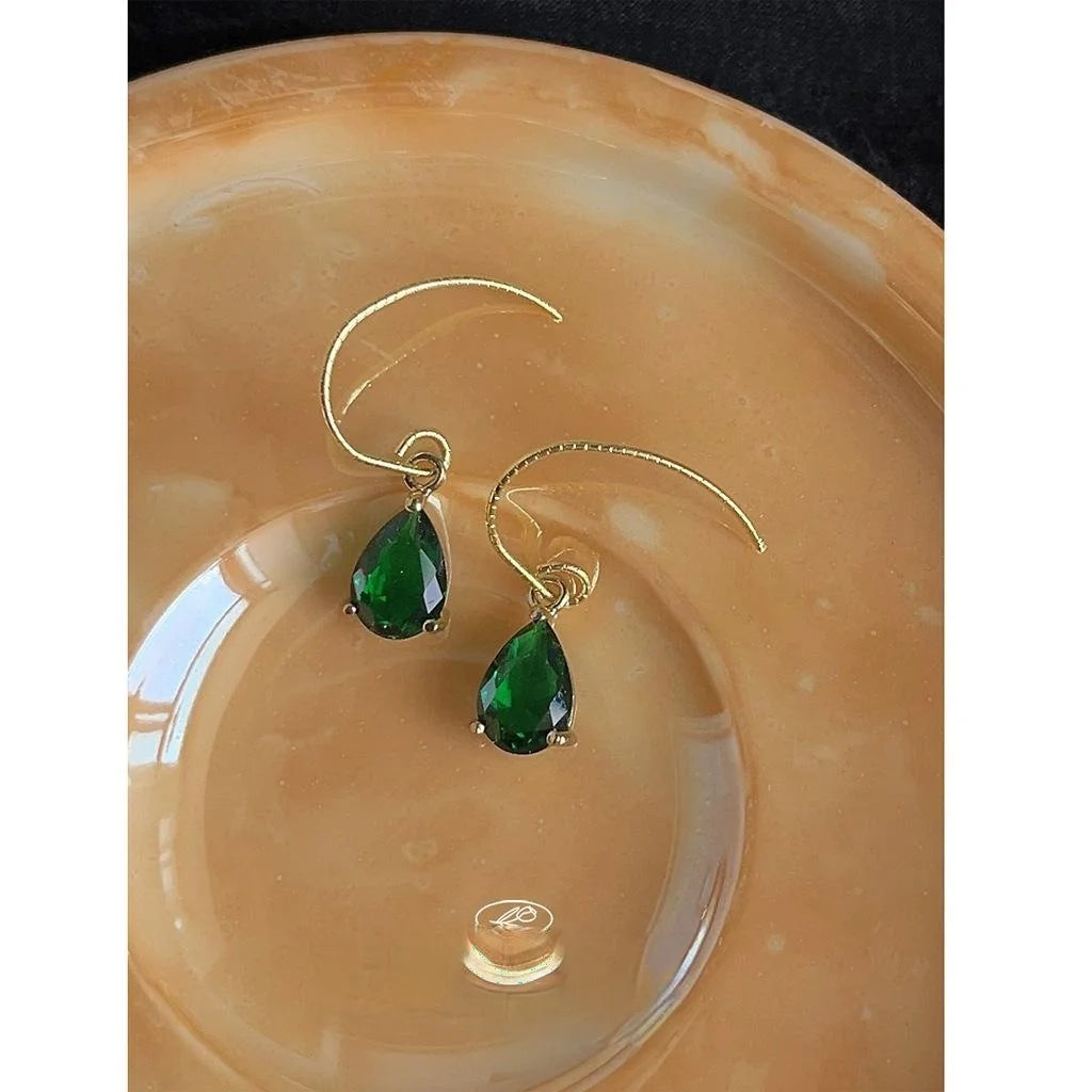 French Vintage Copper Emerald Zircon Teardrop Drop Earrings For Women