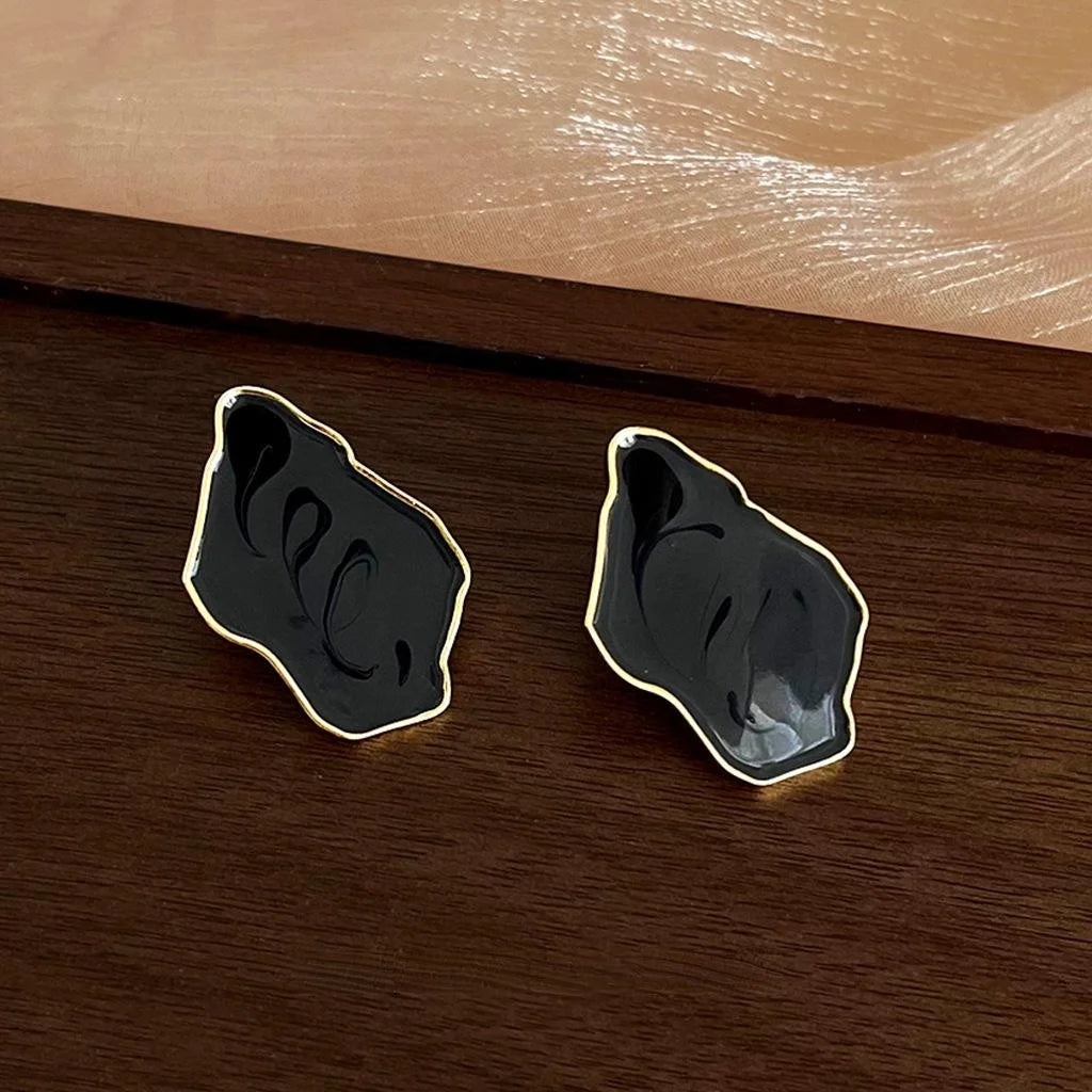 Vintage 14K Plated Irregular Geometric Gray Enamel Drop Earrings