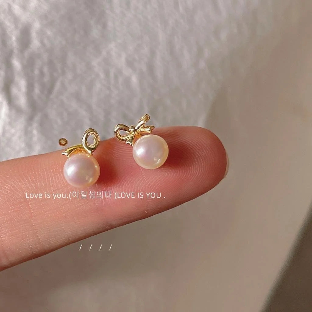 Freshwater Pearl 14K Plated Copper Bow Stud Earrings Mini Fresh Style Jewelry
