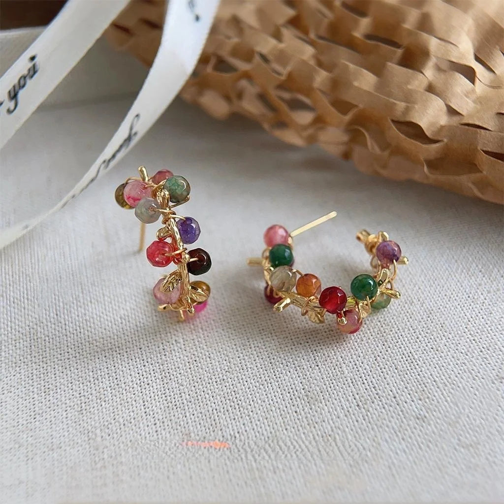 14K Gold Plated Agate Geometric Floral Wreath Drop Earrings Handmade Forest Fairy Style Summer Jewelry