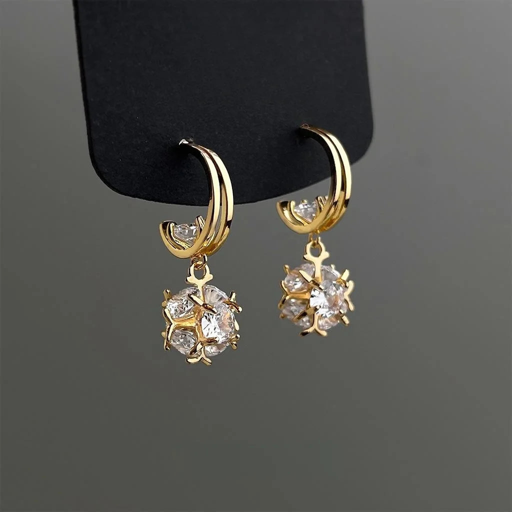 Light Luxury Copper Zircon Ball Double Layer French Vintage Old Money Drop Earrings
