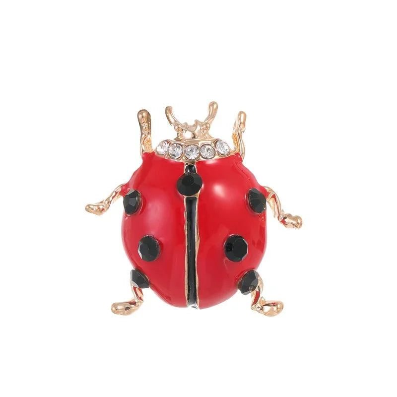 Cute Red Enamel Ladybug Brooch With Rhinestone Accents, Gold Tone Alloy Lapel Pin Corsage Gift