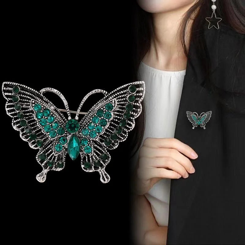 Luxury Green Rhinestone Butterfly Brooch, Elegant Crystal Animal Lapel Pin Corsage For Women's Suits