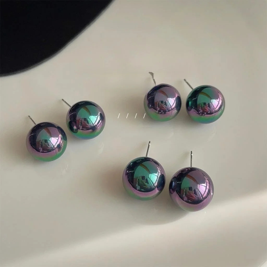 French Light Luxury Iridescent Black Glass Pearl Geometric Round Stud Earrings For Women