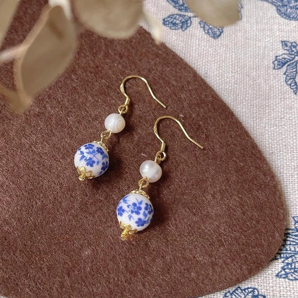 Vintage Chinese Style Ceramic Blue And White Pearl Waterdrop Drop Earrings With Silver Plated Pins
