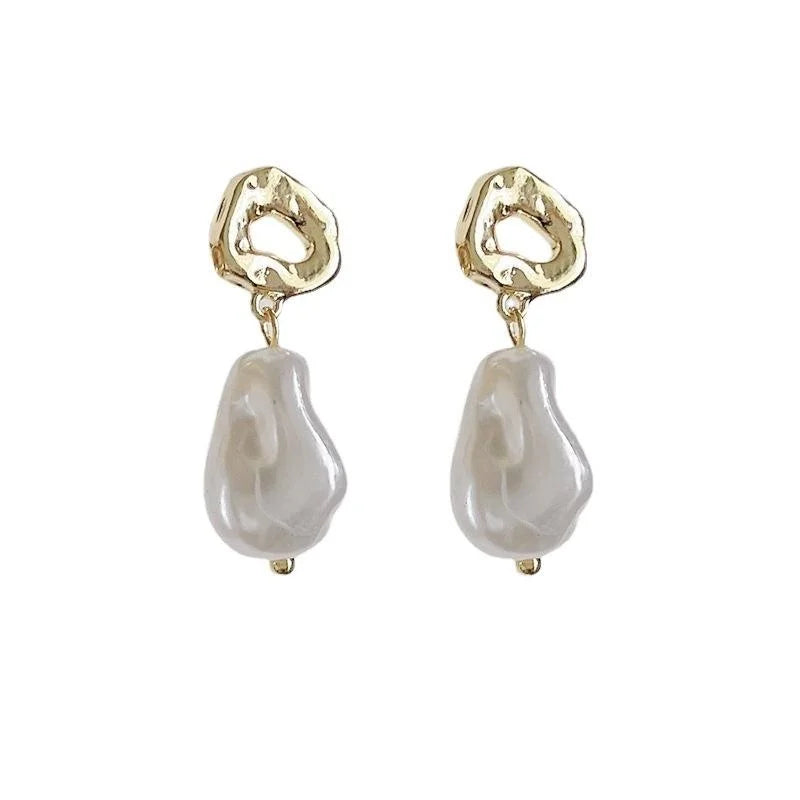 French Vintage 14K Gold Plated Copper Baroque Irregular Pearl Stud Earrings