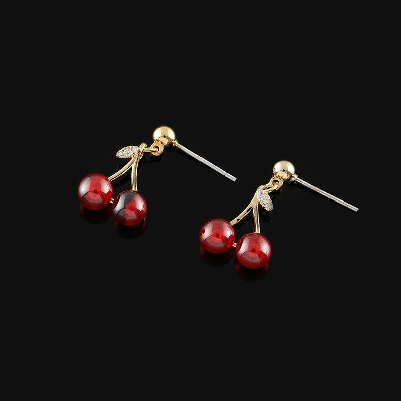 Luxury Red Cherry Fruit Drop Gold Tone Alloy Rhinestone Stud & Clip On No Piercing Dangle Earrings
