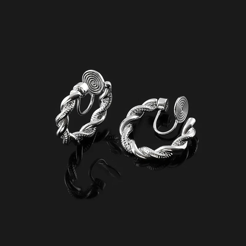 Vintage Silver Alloy Twisted Hoop Spiral Circle Stud & Clip On No Piercing Women's Fashion Earrings