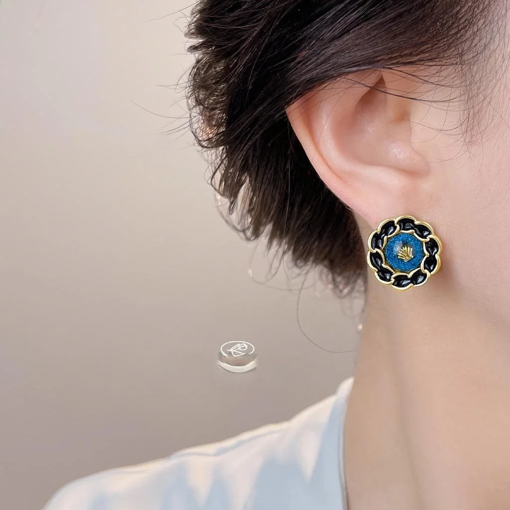 Vintage Enamel Glazed Black Round Geometric Copper Drop Earrings