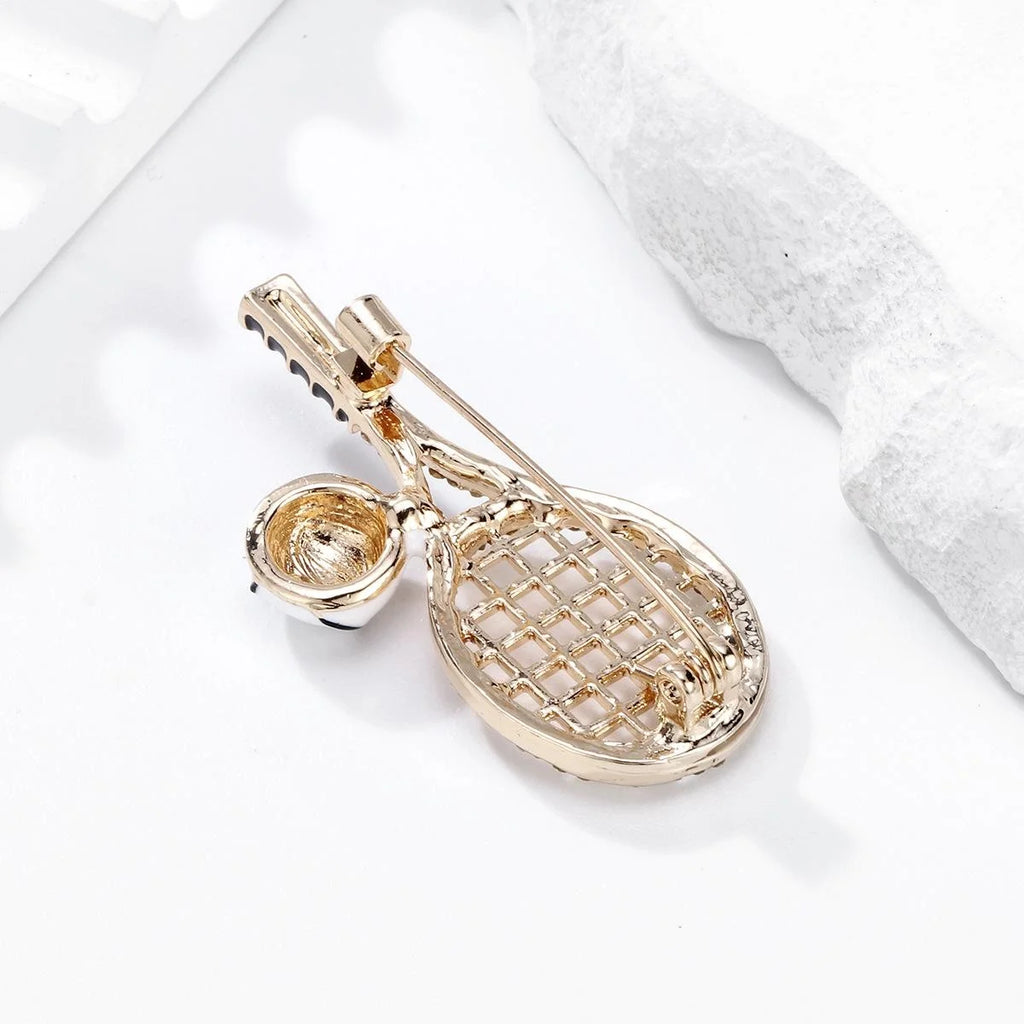 Elegant Rhinestone Enamel Tennis Racket And Ball Brooch, Gold Alloy Sports Lapel Pin Gift For Women