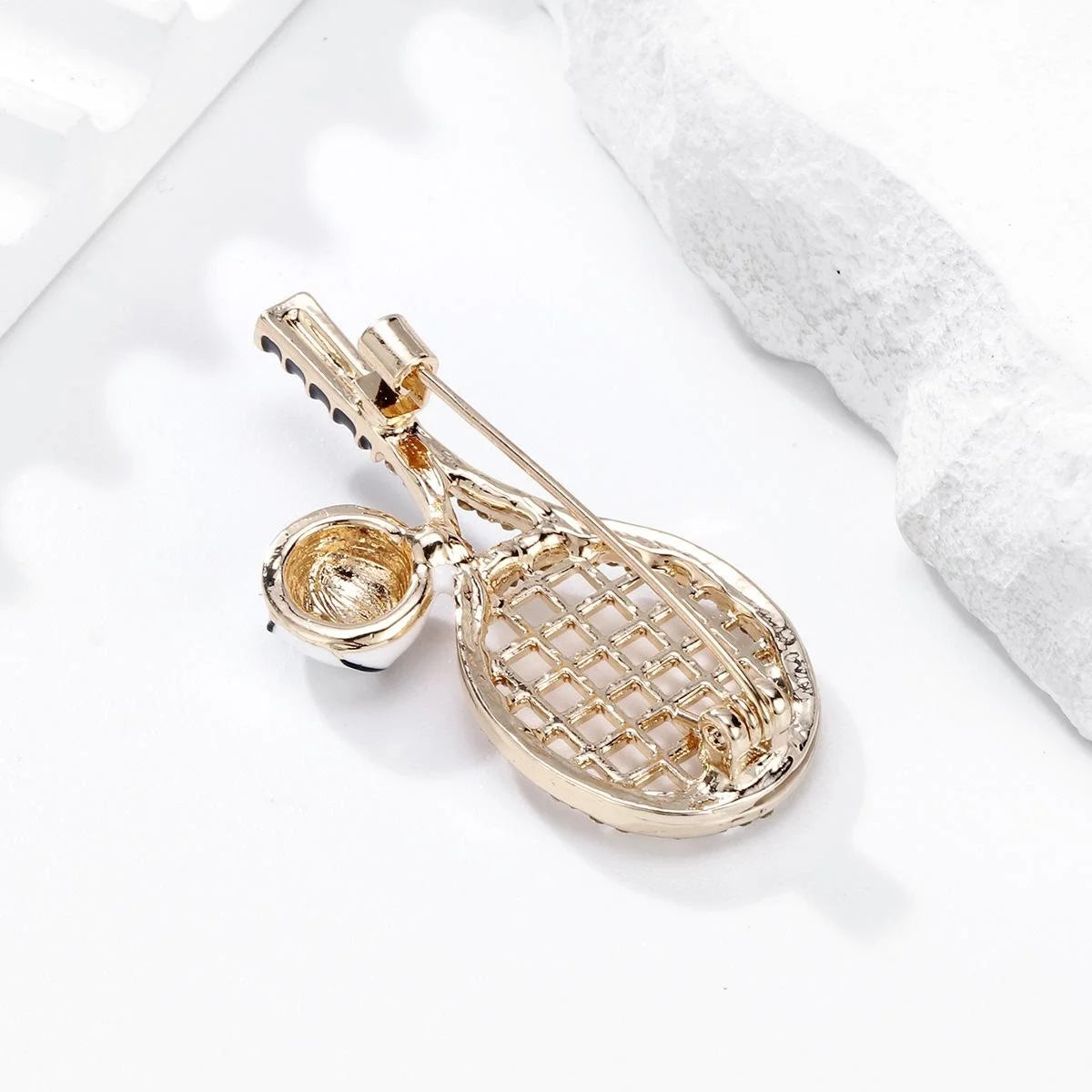 Elegant Rhinestone Enamel Tennis Racket And Ball Brooch, Gold Alloy Sports Lapel Pin Gift For Women