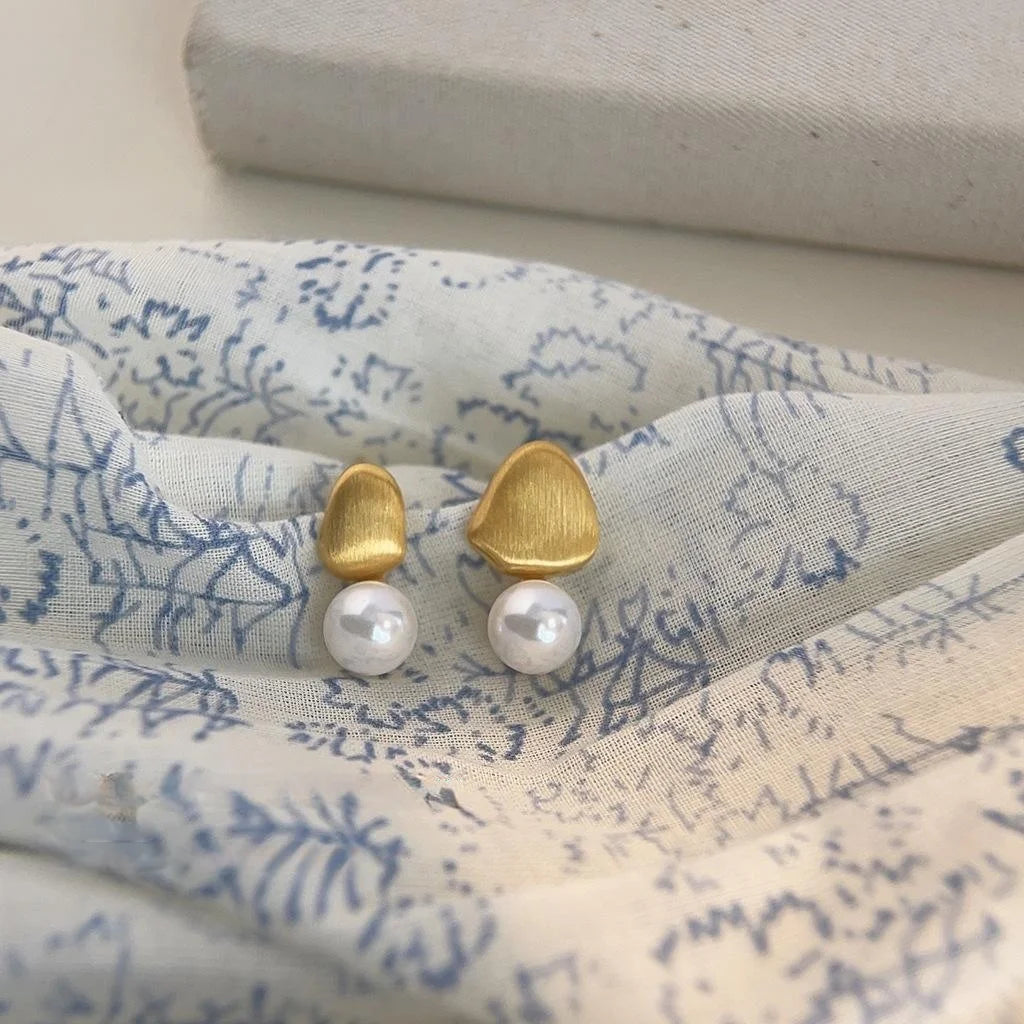 Asymmetric Glass Pearl Brushed Bean Stud Earrings Copper Minimalist Irregular Geometric Jewelry