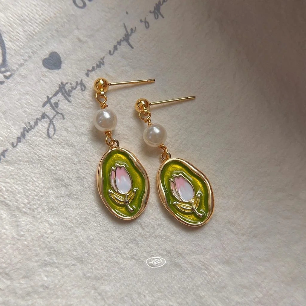 14K Gold Plated Copper Enamel Tulip Drop Earrings With High Luster Pearl Sweet Handmade Floral Jewelry