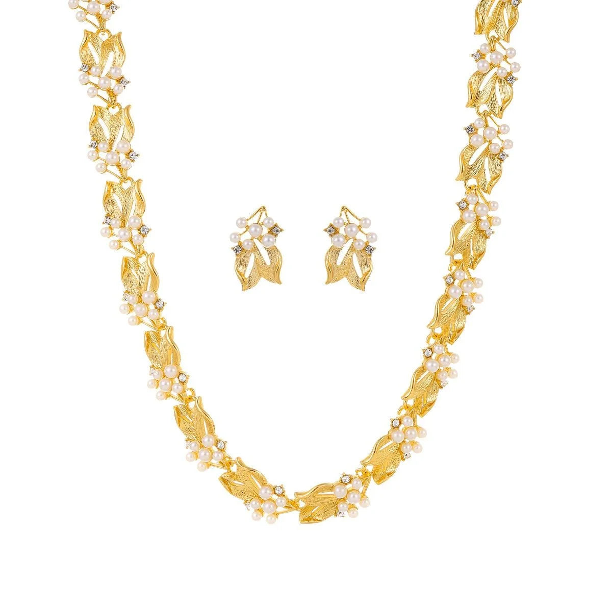 Vintage Gold Alloy Leaf Flower Pearl Rhinestone Jewelry Set Elegant Necklace Earrings For Wedding Party