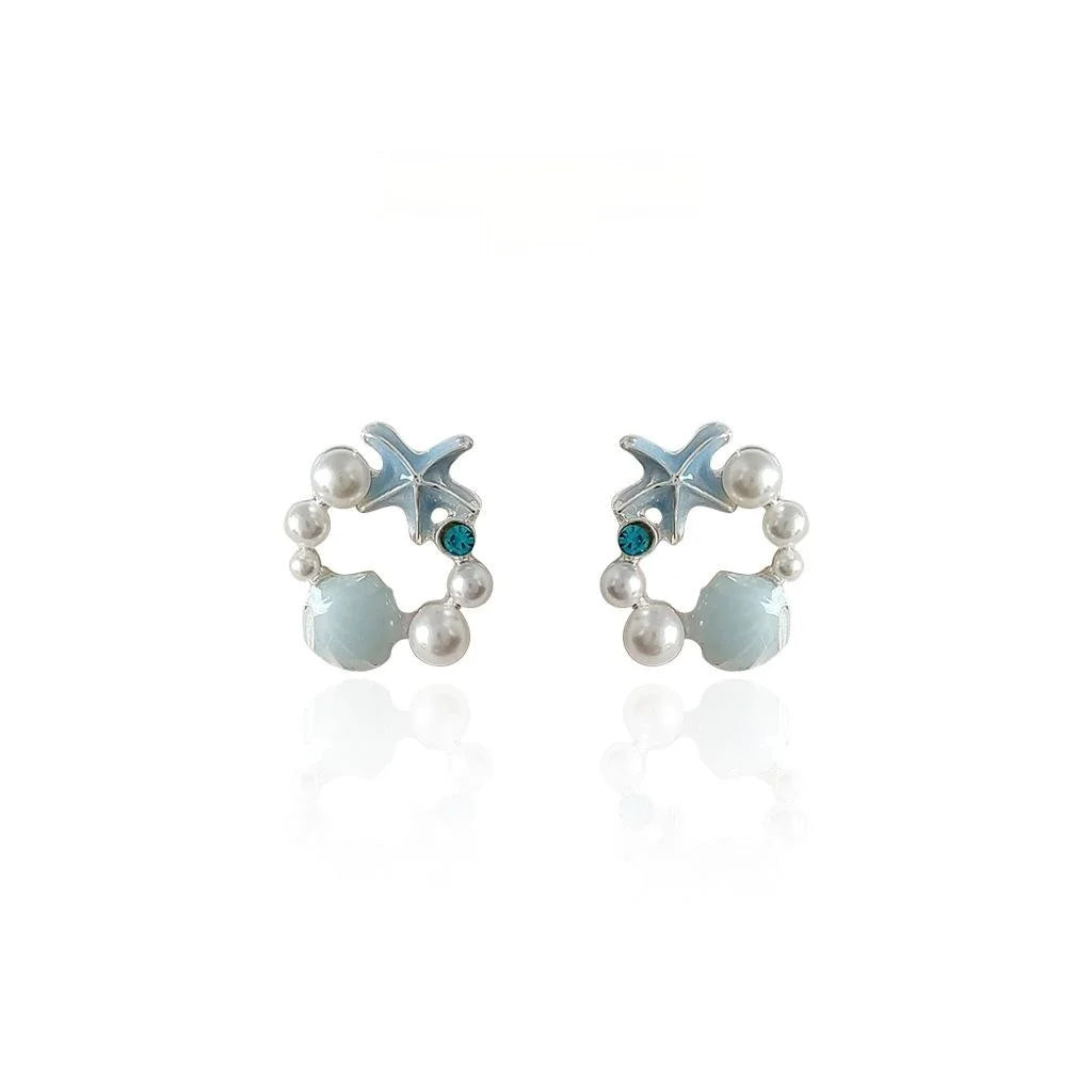 Copper Starfish Shell Enamel Stud Earrings With Pearl Ocean Wave Sweet Elegant Style
