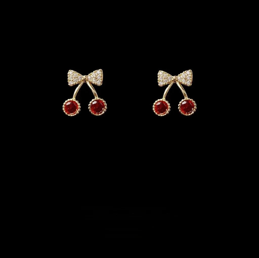 14K Gold Plated Copper Mini Cherry Stud Earrings With Micro Pave Zircon Simple Korean Style