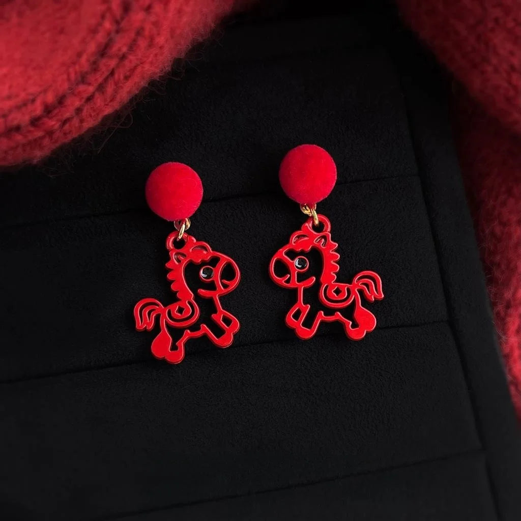 Chinese Style Red Horse Drop Earrings Enamel Flocked Paper Cut Zodiac Jewelry