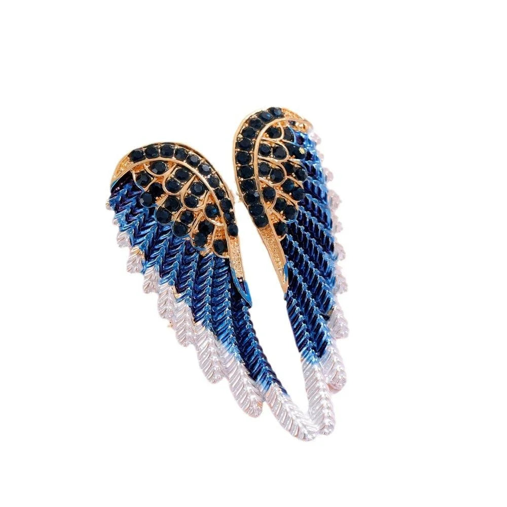 Elegant Angel Wing Brooch With Blue Enamel And Rhinestones, Alloy Lapel Pin Corsage Suit Accessory Gift