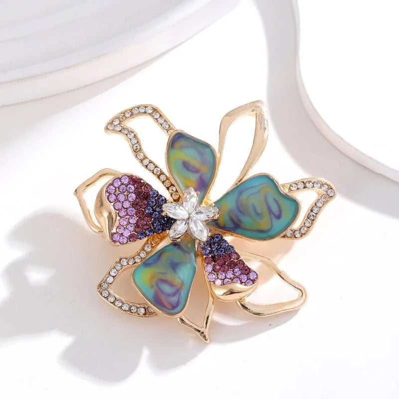 Elegant Floral Rhinestone Enamel Alloy Brooch, Luxury Flower Lapel Pin Corsage For Coat Sweater Gift