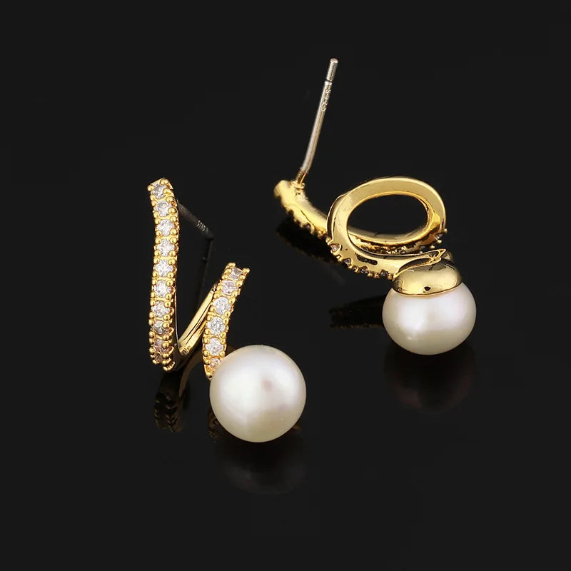 Elegant Zircon Curve Spiral Alloy Freshwater Pearl Stud & Clip On No Piercing Women's Fashion Earrings
