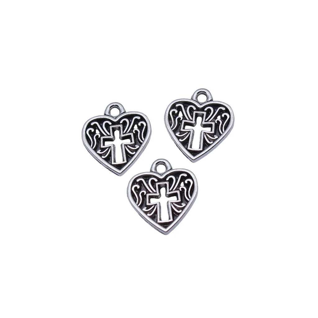 16x15mm 1.2g Antique Silver Zinc Alloy Cross Heart Charm Pendant for DIY Bracelet Necklace Jewelry