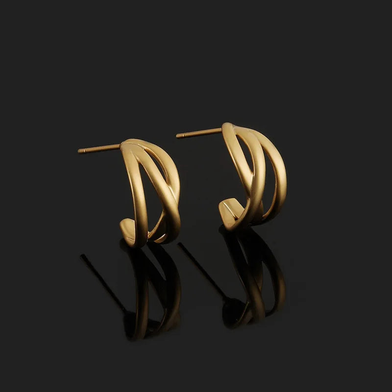 Elegant Matte Gold Alloy Twisted Hoop Stud & Clip On No Piercing Commuter Minimalist Metal Earrings