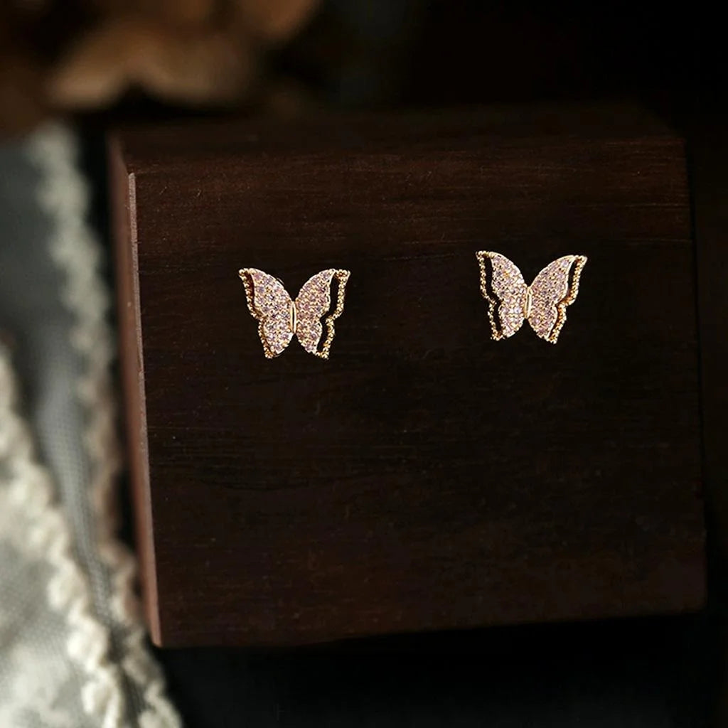 Copper Micro Pave Zircon 3D Butterfly Stud Earrings French Vintage Hollow Out Mini Sweet Jewelry