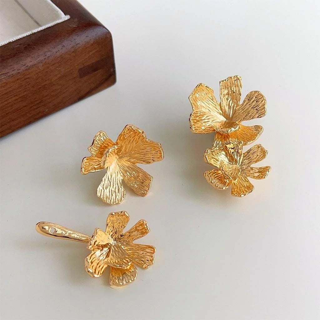 Vintage 14K Gold Plated Copper 3D Flower Petal Convertible Drop Earrings