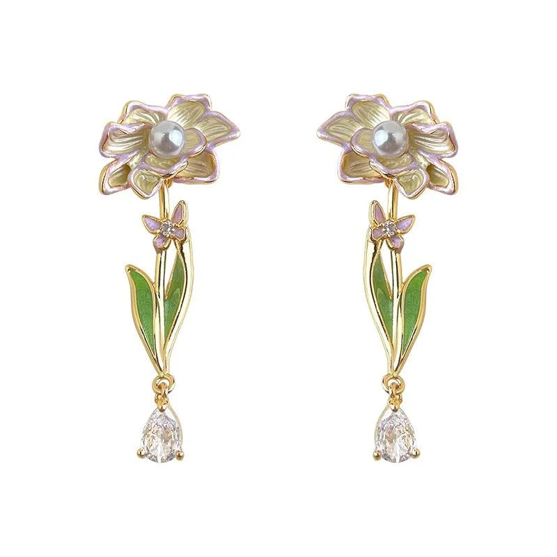 Monet Oil Painting Inspired Enamel Flower Drop Earrings, Copper Zircon Sweet Forest Style