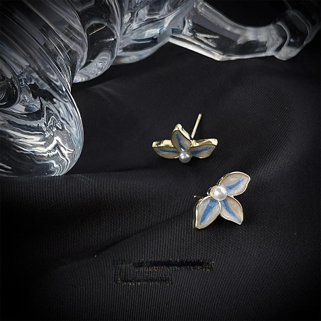 14K Gold Plated Copper Blue Enamel Flower Stud Earrings Fresh Minimalist Jewelry For Women