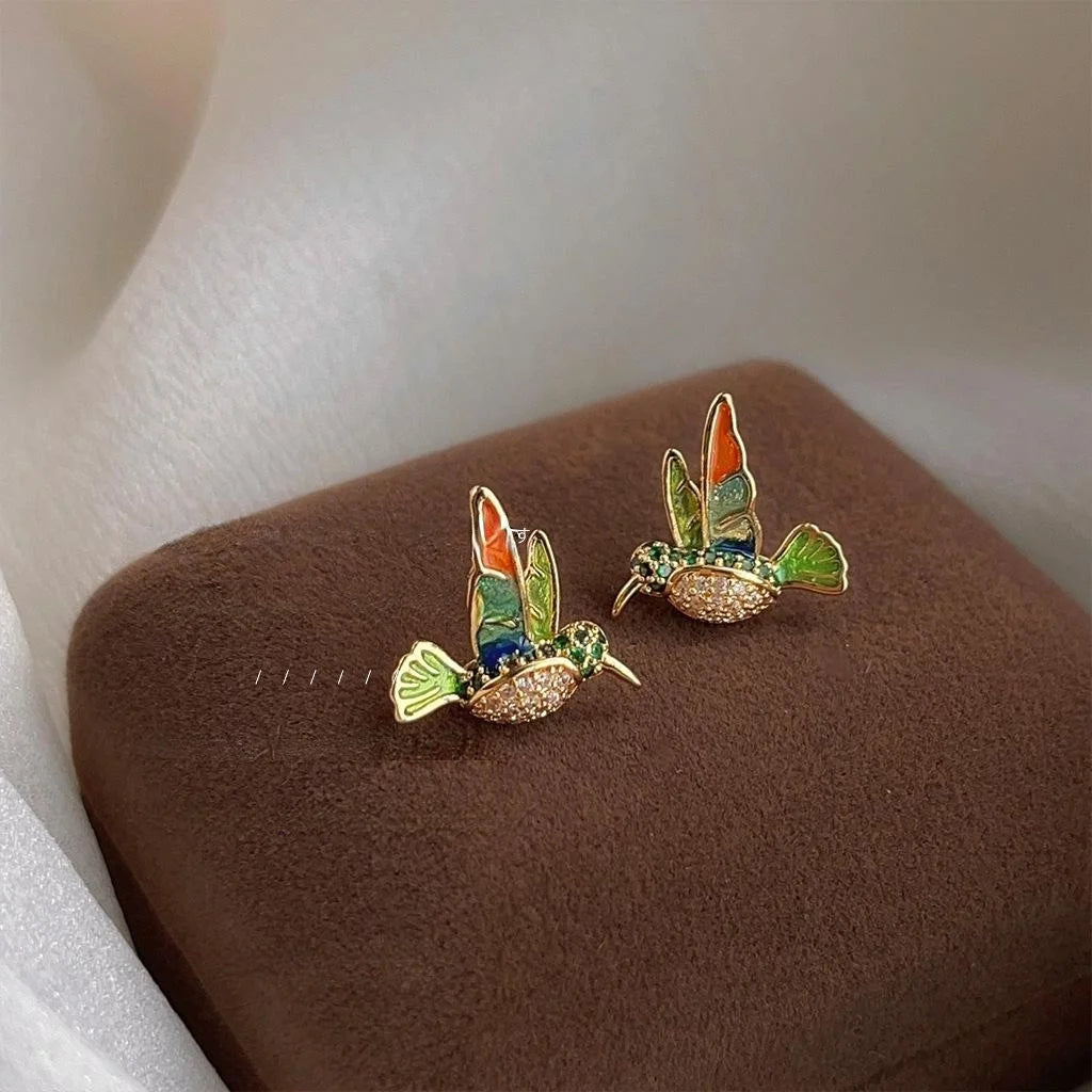 14K Gold Plated Copper Hummingbird Stud Earrings Colorful Enamel Micro Pave Zircon New Chinese Jewelry