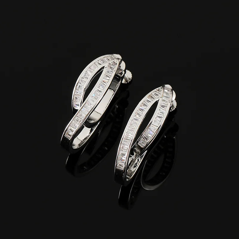 Luxury Irregular Double Cross Hoop Zircon Stud & Clip On No Piercing Women's Fashion Earrings