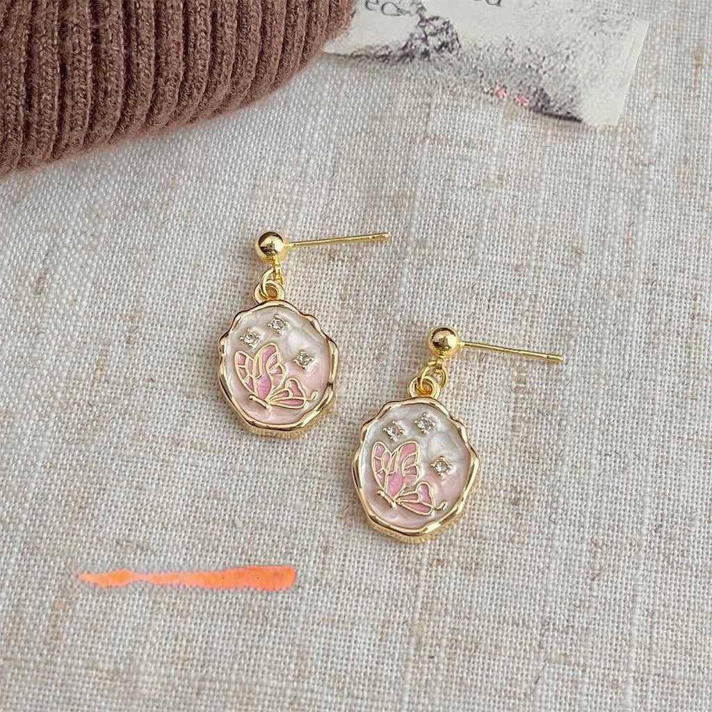 Handmade Gradient Pink Enamel Butterfly Drop Earrings Pastoral Copper