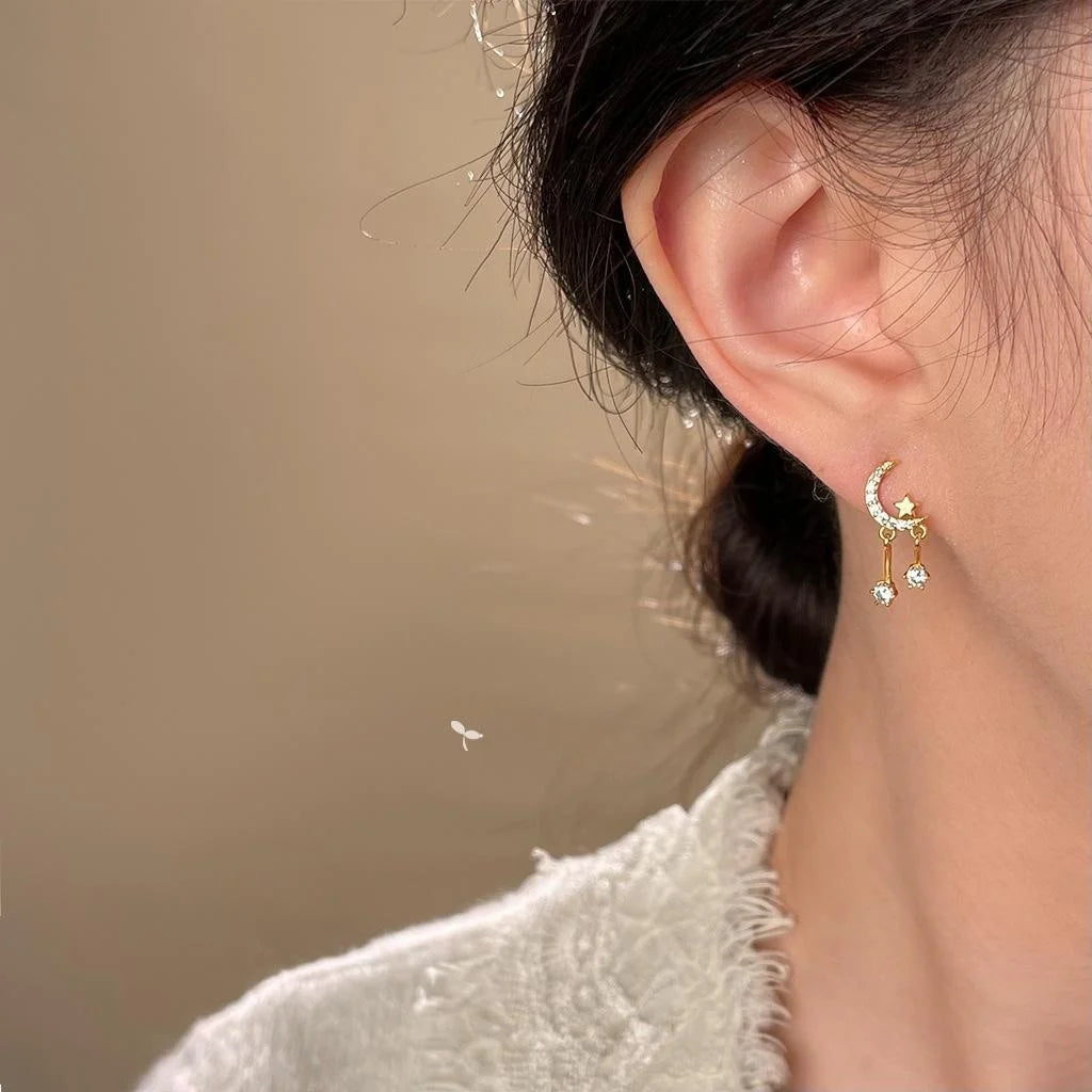 14K Gold Plated Copper Moon Star Zircon Stud Earrings Minimalist Designer Jewelry