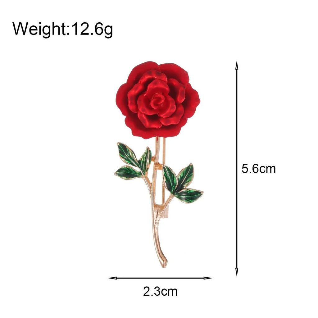 Elegant Red Rose Flower Brooch With Green Enamel Leaves, Alloy Floral Lapel Pin Corsage Suit Accessory