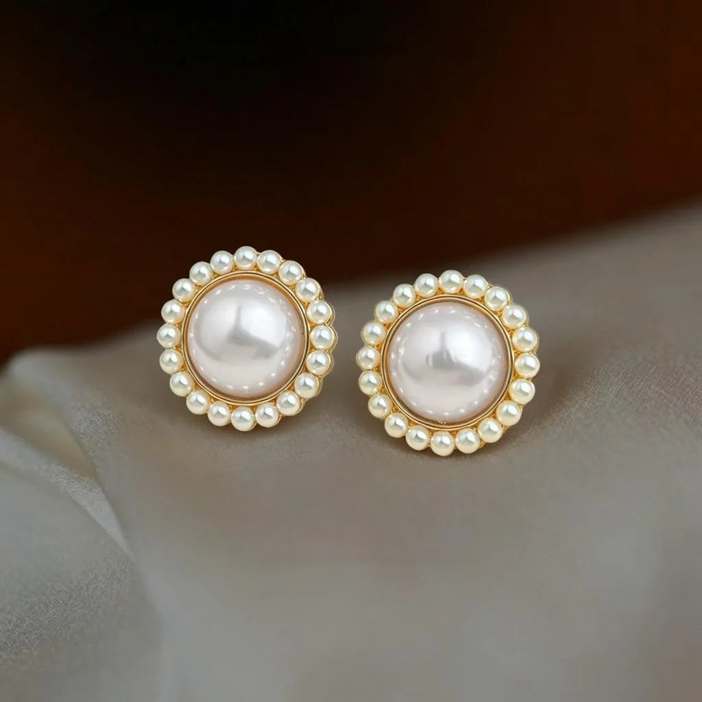 French Vintage Copper Large Pearl Stud Earrings Audrey Hepburn Style Round Geometric Jewelry