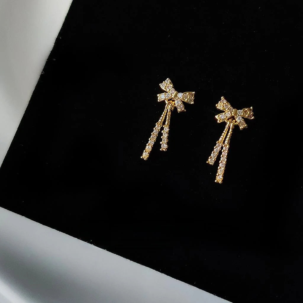 Mini 14K Gold Plated Copper Bow Stud Earrings With Micro Pave Zircon Simple Style