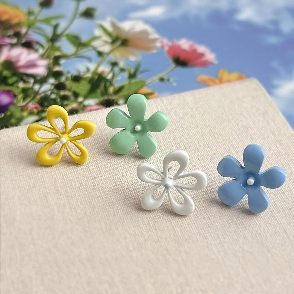 Candy Color Enamel Copper Hollow Flower Asymmetric AB Stud Earrings Sweet Fashion Jewelry